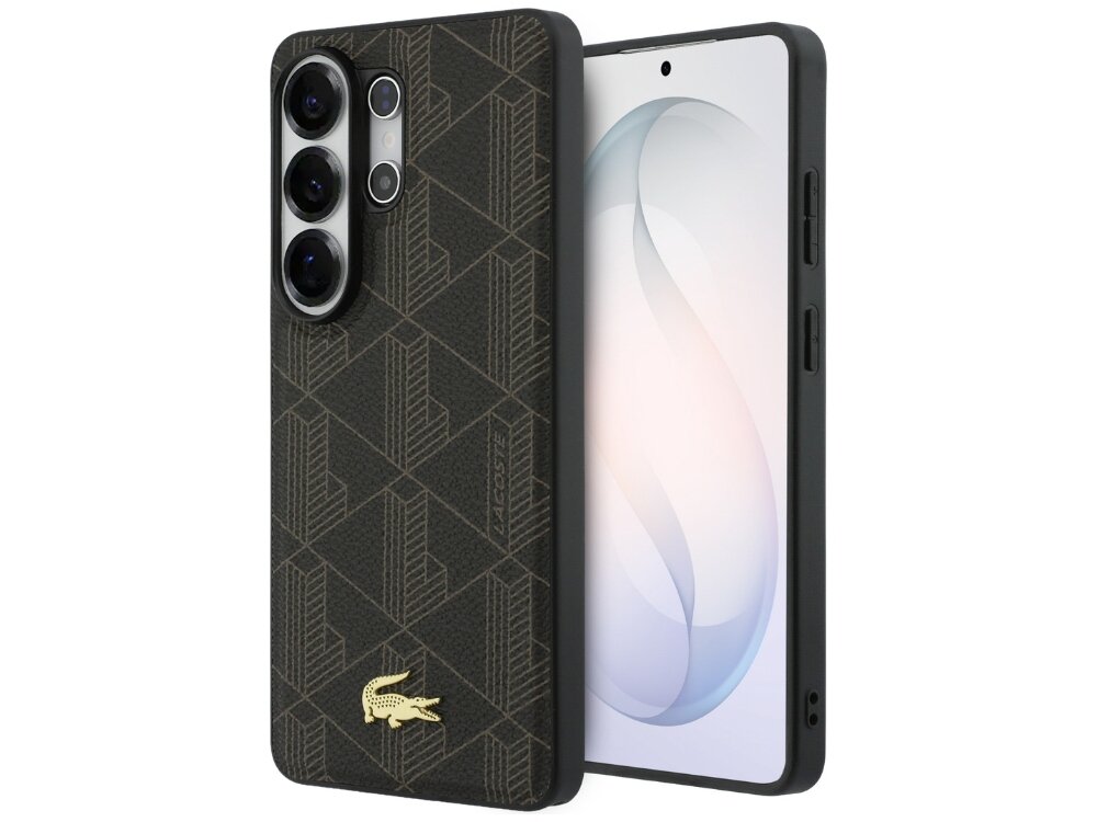 Etui Lacoste PVC Monogram The Blend Samsung Galaxy S26 - eleganckie MagSafe Brązowe etui Lacoste z geometrycznym wzorem na telefonie Samsung Galaxy S24 widziane pod kątem z przodu i z tyłu.