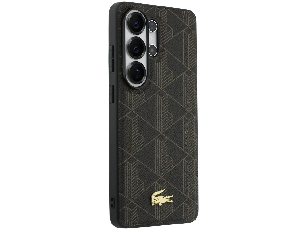 Etui Lacoste PVC Monogram The Blend Samsung Galaxy S26 - monogram, krokodyl, elegancja Tył etui Lacoste w kolorze brązowym z logo krokodyla i wzorem monogramu na telefonie Samsung Galaxy S24.