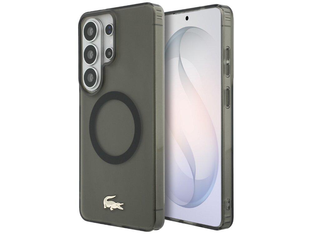 Etui Lacoste Shockproof Transparent Frosted Gold Logo Samsung Galaxy S26 - przezroczyste, matowe, MagSafe Półprzezroczyste dymione etui Lacoste z pierścieniem MagSafe i złotym logo na telefonie Samsung Galaxy S24 Ultra.