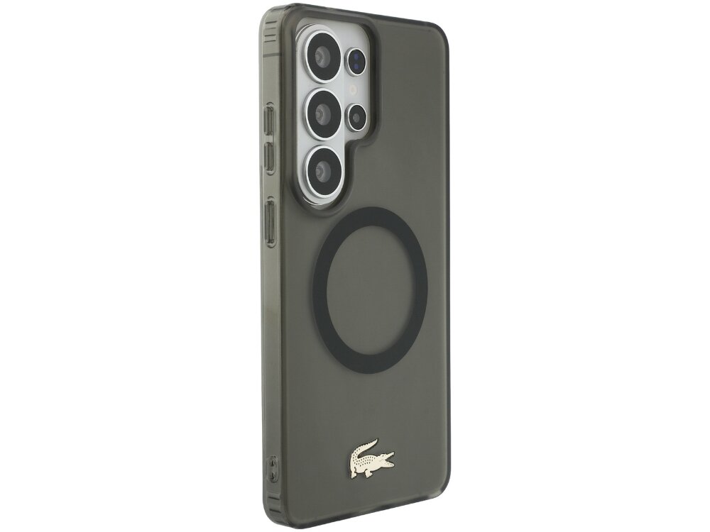 Etui Lacoste Shockproof Transparent Frosted Gold Logo Samsung Galaxy S26 - matowe, złote detale, prestiż Tył dymionego etui Lacoste do Samsung Galaxy S24 Ultra prezentujący czarny pierścień magnetyczny oraz metaliczne logo krokodyla.