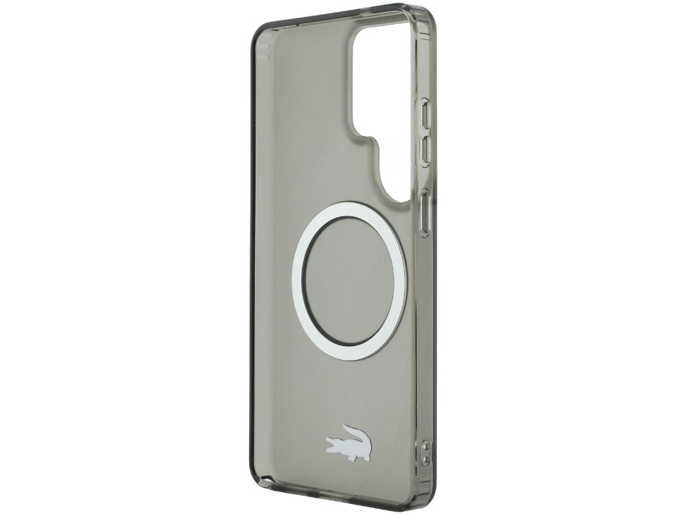 Etui Lacoste Shockproof Transparent Frosted Gold Logo Samsung Galaxy S26 - elastyczne, wytrzymałe, MagSafe Wnętrze przezroczystego etui Lacoste z widocznym białym pierścieniem MagSafe oraz precyzyjnymi wycięciami na przyciski i aparat.