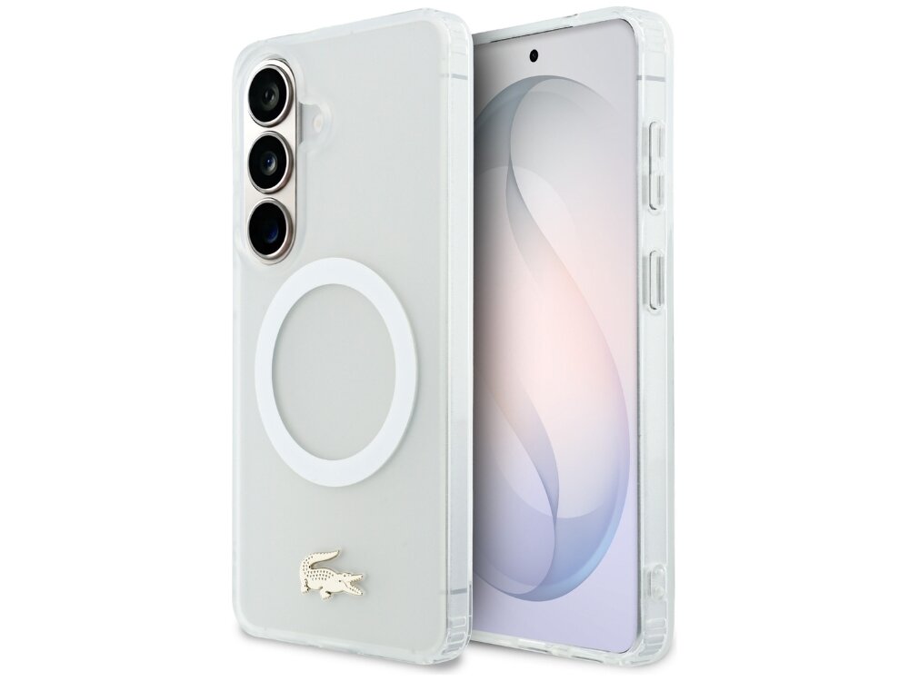 Etui Lacoste Shockproof Transparent Frosted Gold Logo Samsung Galaxy S26 - przezroczyste, matowe, MagSafe Półprzezroczyste białe etui Lacoste z pierścieniem MagSafe i złotym logo na telefonie Samsung Galaxy S24 Ultra.