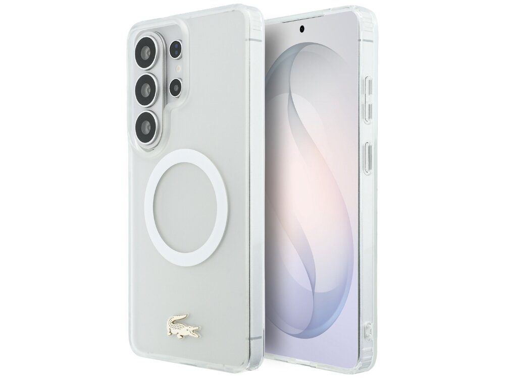 Etui Lacoste Shockproof Transparent Frosted Gold Logo Samsung Galaxy S26 - przezroczyste, matowe, MagSafe Półprzezroczyste białe etui Lacoste z pierścieniem MagSafe i złotym logo na telefonie Samsung Galaxy S24 Ultra.