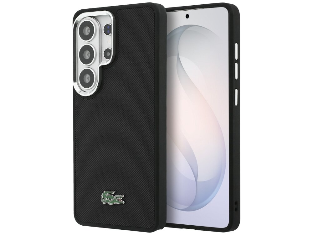 Etui Lacoste Full Wrap Petit Pique Samsung Galaxy S26 - eleganckie, tekstura, MagSafe Czarny żebrowany case Lacoste do Samsung Galaxy S24 Plus z logo krokodyla i srebrną ramką aparatu.