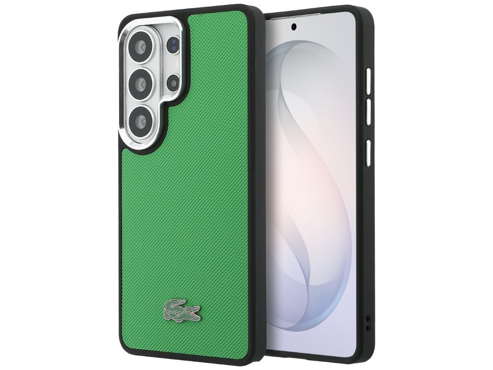Etui Lacoste Full Wrap Petit Pique Samsung Galaxy S26 - eleganckie, tekstura, MagSafe Zielony żebrowany case Lacoste do Samsung Galaxy S24 Plus z logo krokodyla i srebrną ramką aparatu.