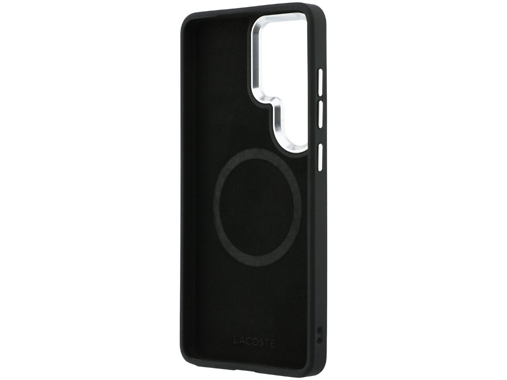 Etui Lacoste Full Wrap Petit Pique Samsung Galaxy S26 - wytrzymałe, MagSafe, komfort Wnętrze zielonego etui Lacoste z widocznym pierścieniem MagSafe oraz wytłoczonym napisem marki.