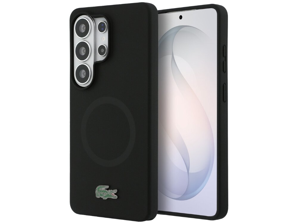 Etui Lacoste Silicone Metal Croc Logo Samsung Galaxy S26 - silikon, metalowy krokodyl, MagSafe Czarny silikonowy case do Samsung Galaxy S24 Ultra marki Lacoste z magnetycznym pierścieniem MagSafe i małym logo krokodyla.