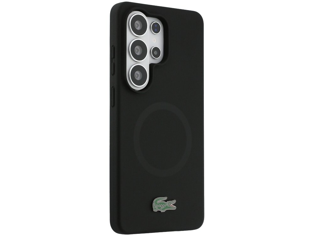 Etui Lacoste Silicone Metal Croc Logo Samsung Galaxy S26 - monogram, krokodyl, metalowe detale Czarny pokrowiec ochronny na telefon Samsung Galaxy S24 Ultra z wbudowanym magnesem MagSafe i charakterystycznym zielonym emblematem Lacoste.