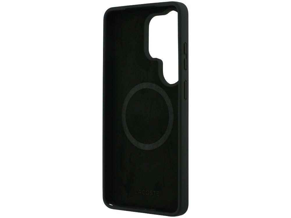 Etui Lacoste Silicone Metal Croc Logo Samsung Galaxy S26 - silikon, mikrofibra, komfort Wnętrze czarnego etui Lacoste do Samsung Galaxy S24 Ultra wyłożone miękkim materiałem z widocznym pierścieniem MagSafe i wytłoczonym napisem LACOSTE.