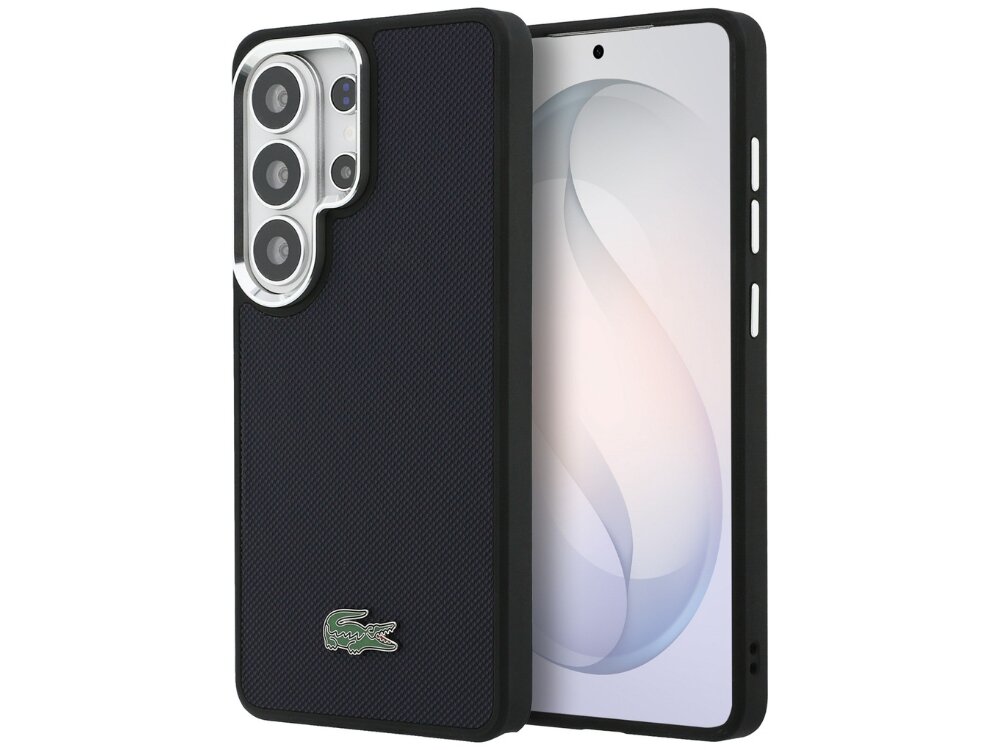 Etui Lacoste Full Wrap Petit Pique Samsung Galaxy S26 - eleganckie, tekstura, MagSafe Granatowy żebrowany case Lacoste do Samsung Galaxy S24 Plus z logo krokodyla i srebrną ramką aparatu.