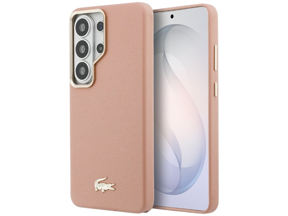 Etui Lacoste Champs Elysees Gold Logo Samsung Galaxy S26 - skóra ekologiczna, złote logo, MagSafe Różowe etui Lacoste na telefon Samsung Galaxy S24 Ultra z teksturowanej ekoskóry, ozdobione małym złotym emblematem krokodyla i złotą ramką wokół aparatu.