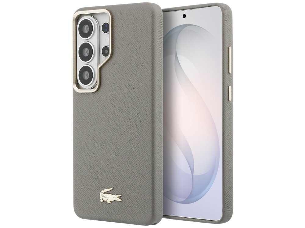 Etui Lacoste Champs Elysees Gold Logo Samsung Galaxy S26 - skóra ekologiczna, złote logo, MagSafe Beżowe etui Lacoste na telefon Samsung Galaxy S24 Ultra z teksturowanej ekoskóry, ozdobione małym złotym emblematem krokodyla i złotą ramką wokół aparatu.