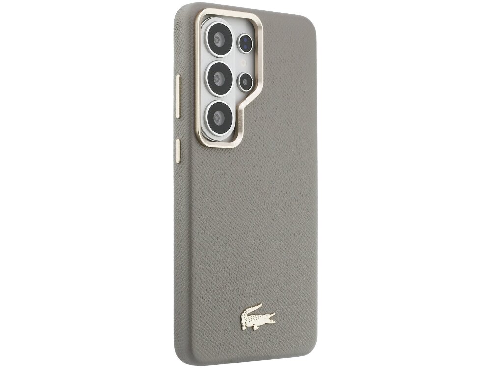 Etui Lacoste Champs Elysees Gold Logo Samsung Galaxy S26 - skóra ekologiczna, złote logo, luksus Plecki etui Lacoste w kolorze beżowym z fakturą typu Saffiano, ukazujące precyzyjne wycięcie na obiektywy aparatu oraz subtelne, złote logo marki w dolnej części.