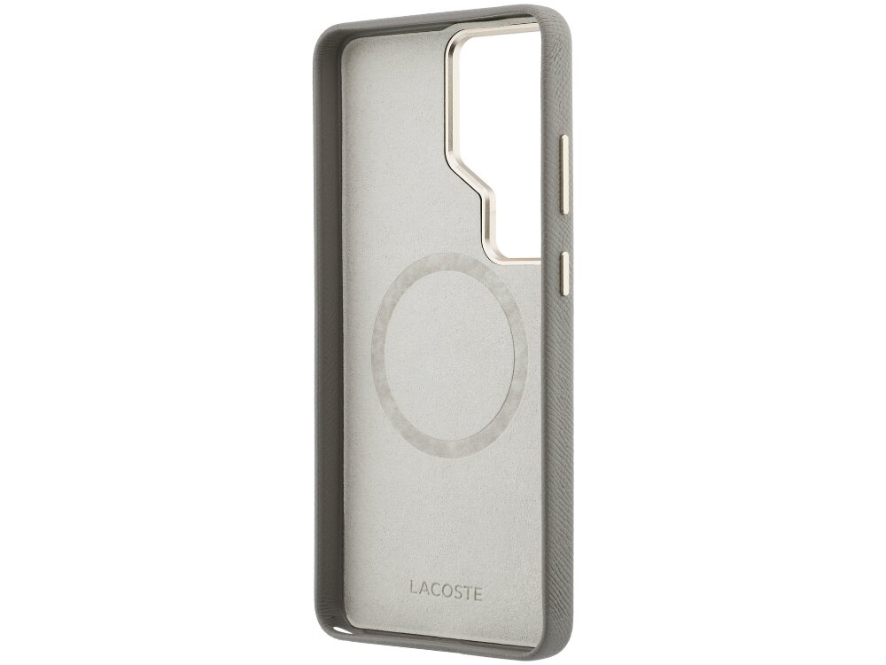 Etui Lacoste Champs Elysees Gold Logo Samsung Galaxy S26 - elastyczne, wytrzymałe, MagSafe Wnętrze beżowego etui Lacoste wyłożone jasną, miękką mikrofibrą z widocznym pierścieniem MagSafe i wytłoczonym napisem LACOSTE na dole.