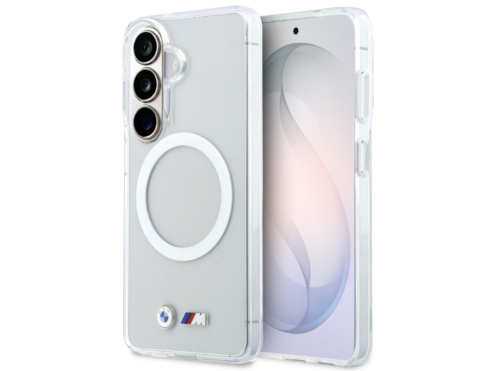 Etui BMW IML Shockproof Metal Logo MagSafe do Samsung Galaxy S26 Przezroczysty, ochrona, styl, etui, odporność, na białym tle etui w 2 odsłonach pionowo frontem prawo skos