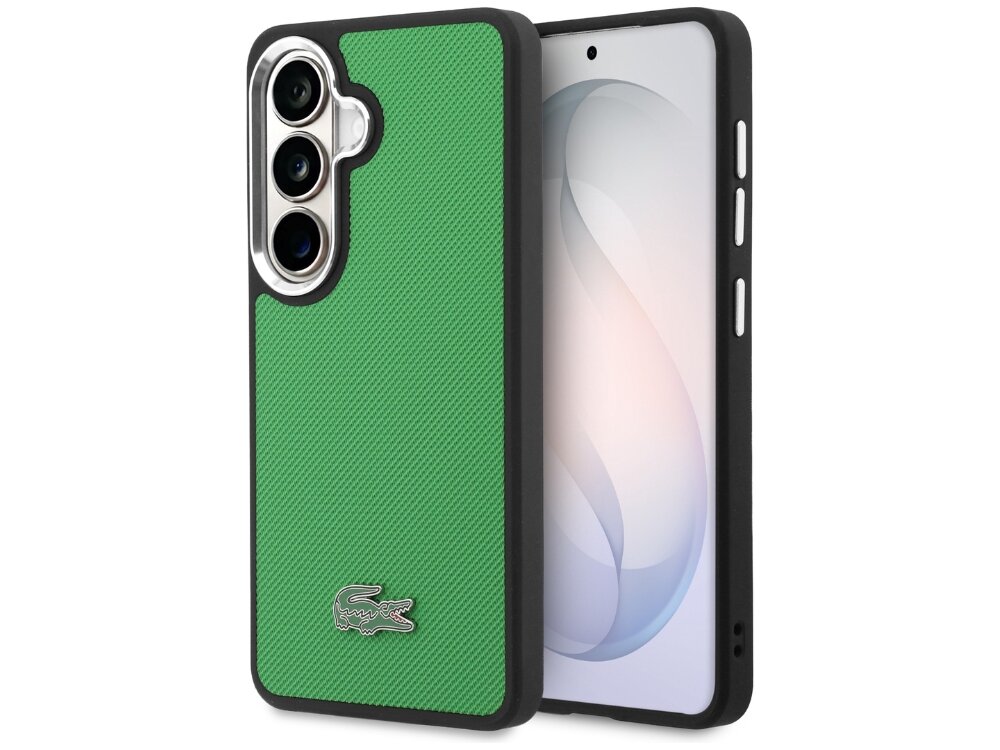 Etui Lacoste Full Wrap Petit Pique Samsung Galaxy S26 - eleganckie, tekstura, MagSafe Zielony żebrowany case Lacoste do Samsung Galaxy S24 Plus z logo krokodyla i srebrną ramką aparatu.