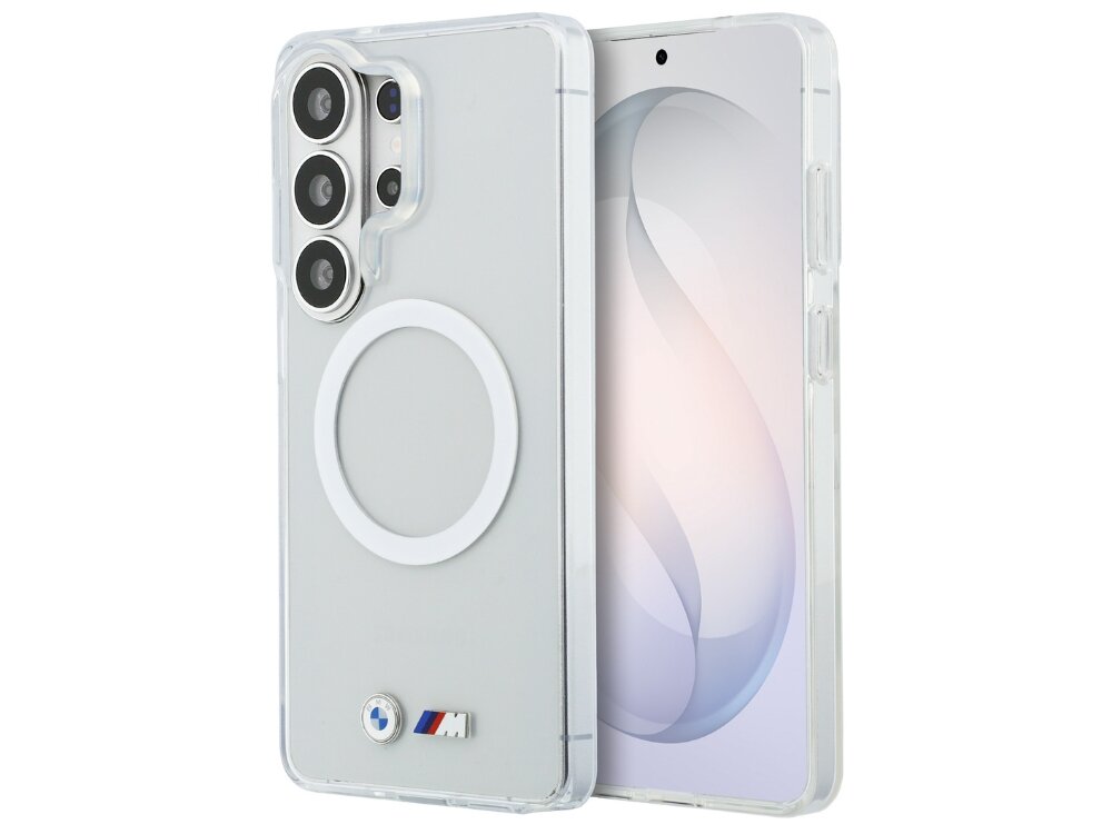 Etui BMW IML Shockproof Metal Logo MagSafe do Samsung Galaxy S26 Ultra Przezroczysty, ochrona, styl, etui, odporność, na białym tle etui w 2 odsłonach pionowo frontem prawo skos