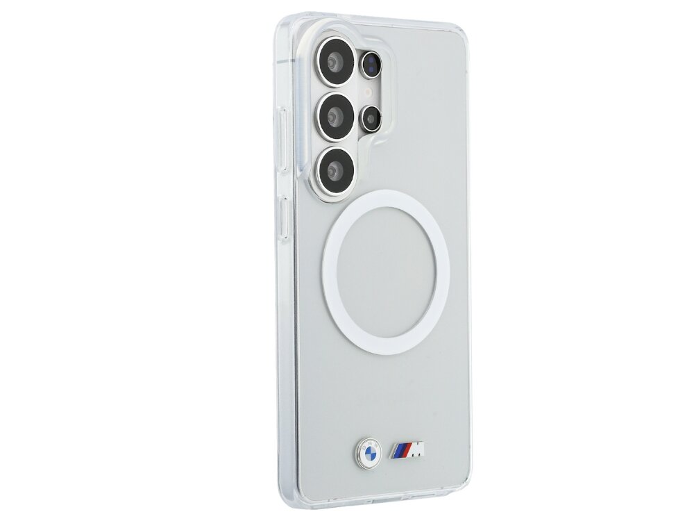 Etui BMW IML Shockproof Metal Logo MagSafe do Samsung Galaxy S26 Ultra Przezroczysty, eleganckie, sportowe, logo, design, na białym tle etui frontem lewo skos