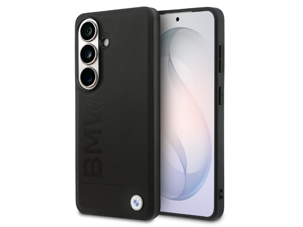 Etui BMW Leather Hot Stamp MagSafe do Samsung Galaxy S26+ Czarny, wytrzymałość, etui, ochrona, elegancja, na białym tle etui z 2 stron pionowo frontem lewo skos