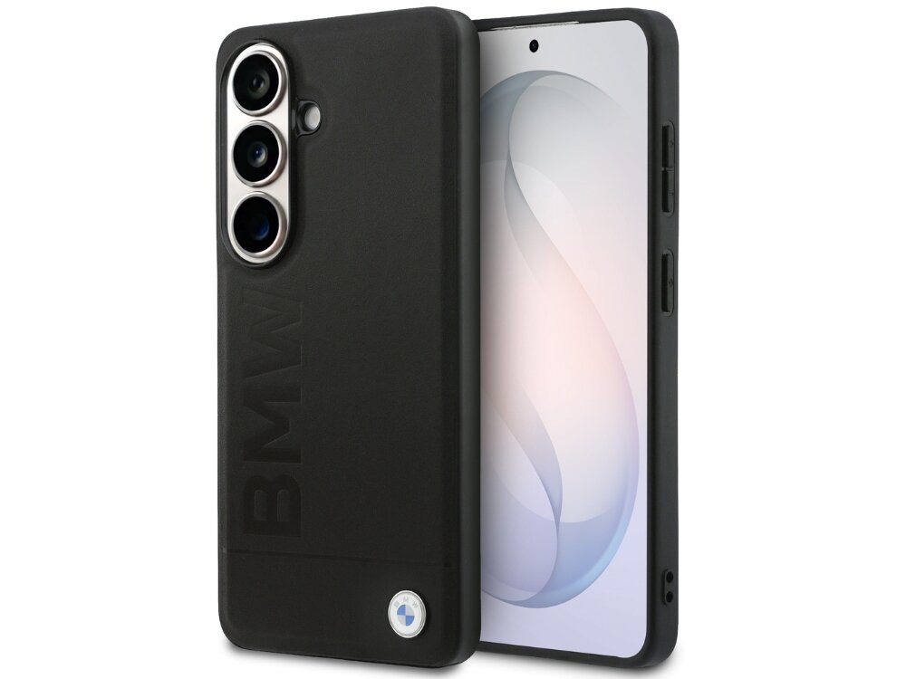 Etui BMW Leather Hot Stamp MagSafe do Samsung Galaxy S26 Czarny, wytrzymałość, etui, ochrona, elegancja, na białym tle etui z 2 stron pionowo frontem lewo skos