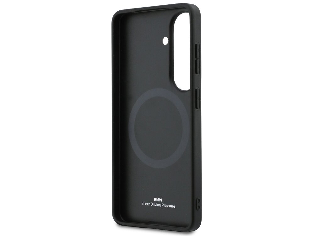 Etui BMW Leather Hot Stamp MagSafe do Samsung Galaxy S26 Czarny, poliwęglan, zarysowania, upadki, elastyczne, na białym tle etui od wewnętrznej strony prawo skos