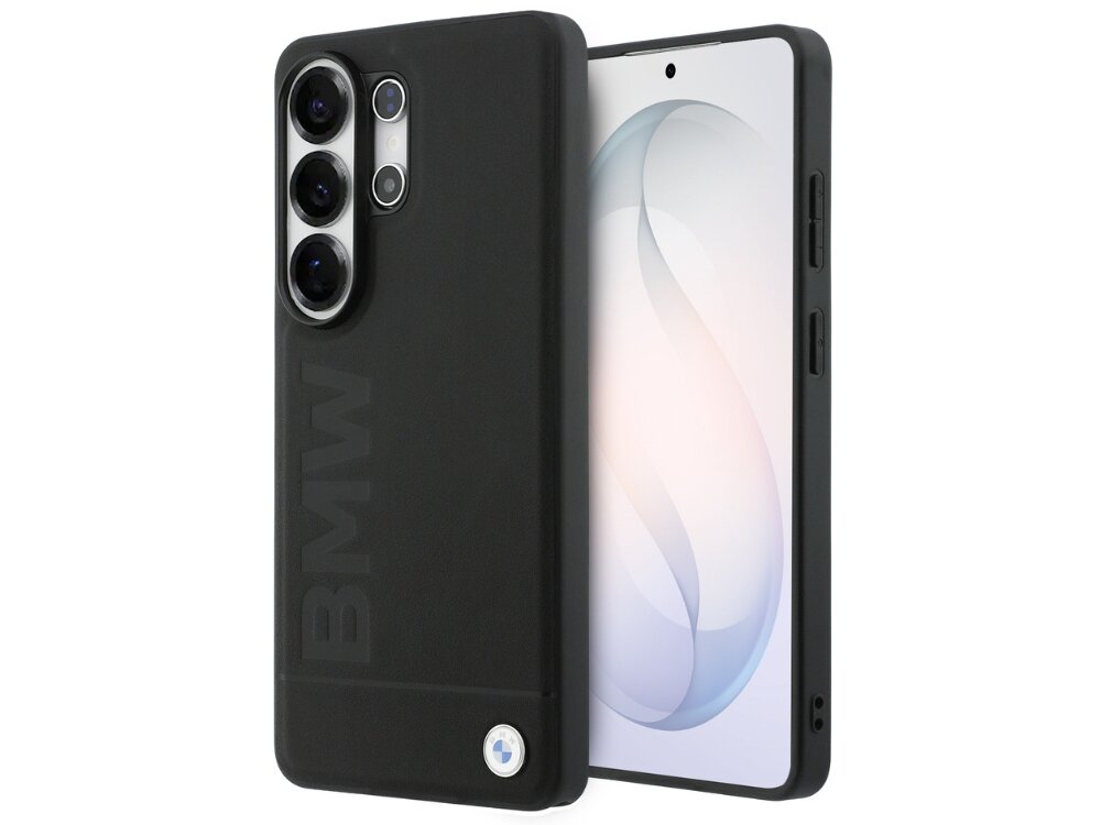 Etui BMW Leather Hot Stamp MagSafe do Samsung Galaxy S26 Ultra Czarny, wytrzymałość, etui, ochrona, elegancja, na białym tle etui z 2 stron pionowo frontem lewo skos