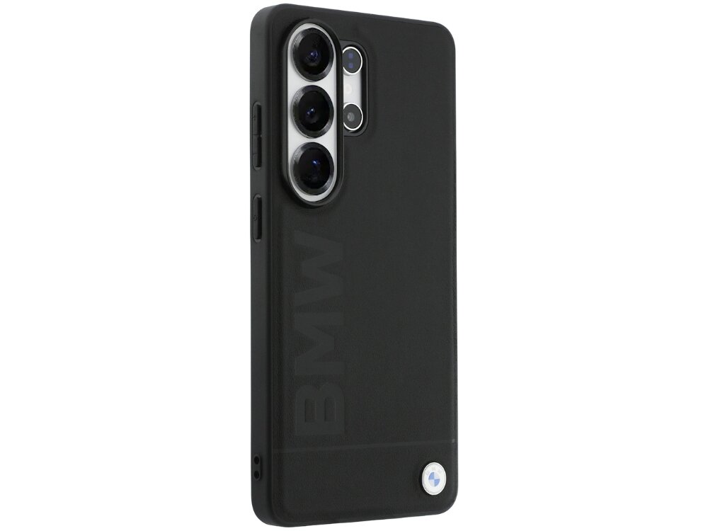 Etui BMW Leather Hot Stamp MagSafe do Samsung Galaxy S26 Ultra Czarny, naturalne, skóra, tłoczone, logo, na białym tle etui frontem lewo skos