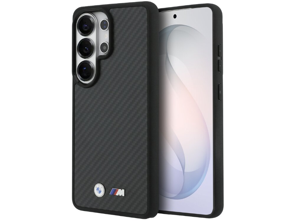 Etui BMW M Kevlar Logo MagSafe do Samsung Galaxy S26 Ultra Czarny, Wytrzymała, ochrona, styl, odporny, na białym tle etui z 2 stron pionowo frontem lewo skos