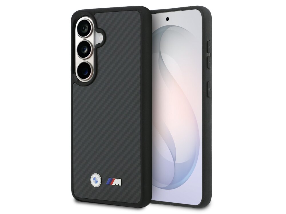 Etui BMW M Kevlar Logo MagSafe do Samsung Galaxy S26 Czarny, Wytrzymała, ochrona, styl, odporny, na białym tle etui z 2 stron pionowo frontem lewo skos