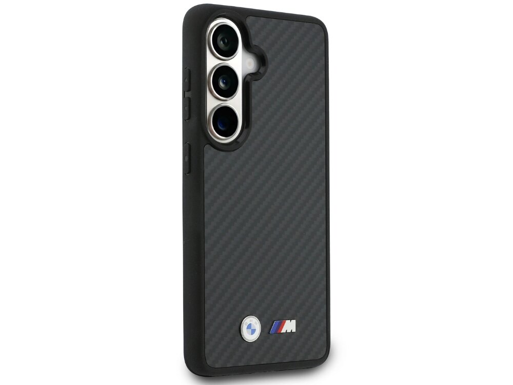 Etui BMW M Kevlar Logo MagSafe do Samsung Galaxy S26 Czarny, sportowy, charakter, włókna, aramidowe, na białym tle etui frontem lewo skos