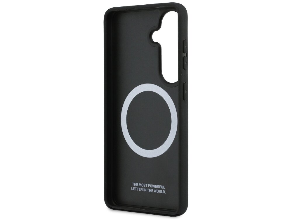 Etui BMW M Kevlar Logo MagSafe do Samsung Galaxy S26 Czarny, montaż, krawędzie, ekran, aparat, na białym tle etui od wewnętrznej strony prawo skos