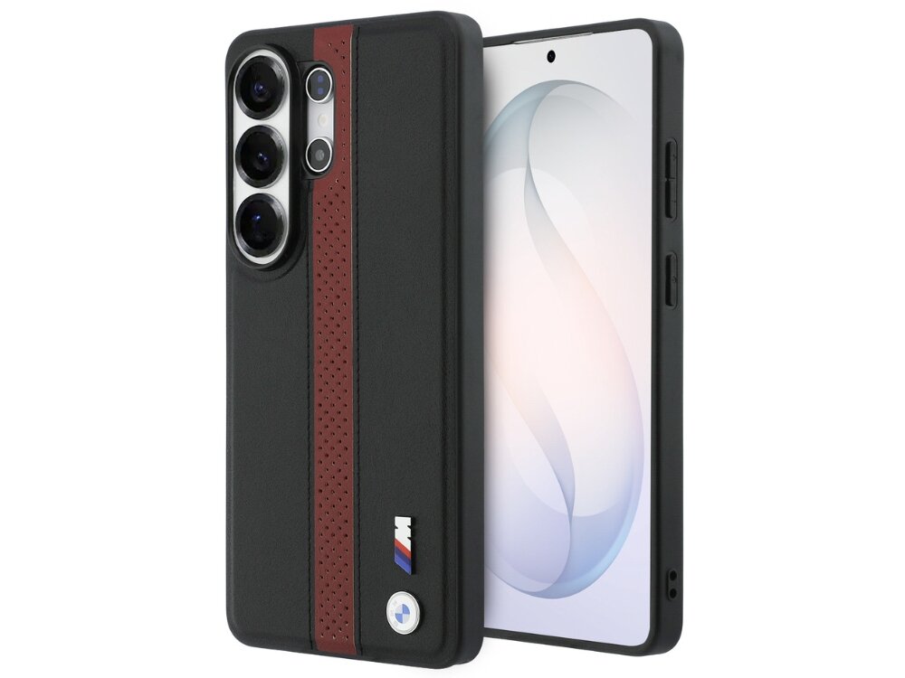 Etui BMW M Perforated Stripe Logo MagSafe do Samsung Galaxy S26 Ultra Czerwony, Elegancka, ochrona, styl, odporność, na białym tle etui z 2 stron pionowo frontem lewo skos