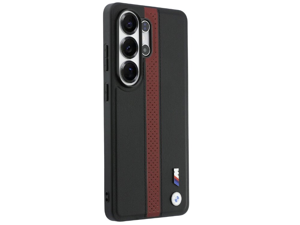 Etui BMW M Perforated Stripe Logo MagSafe do Samsung Galaxy S26 Ultra Czerwony, jakość, Perforowany, pasek, trwałość, na białym tle etui frontem lewo skos