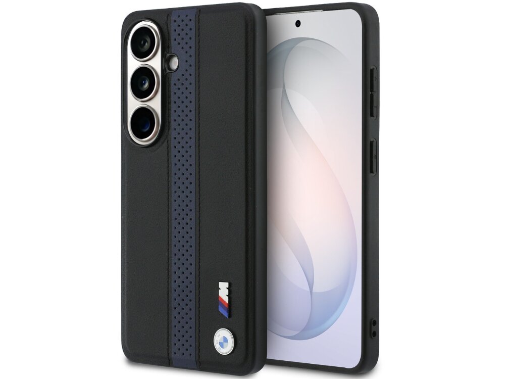 Etui BMW M Perforated Stripe Logo MagSafe do Samsung Galaxy S26 Niebieski, Elegancka, ochrona, styl, odporność, na białym tle etui z 2 stron pionowo frontem lewo skos