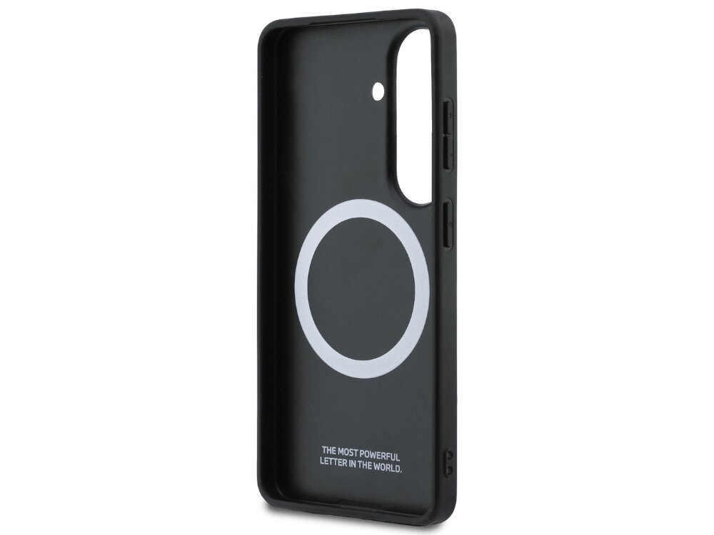 Etui BMW M Perforated Stripe Logo MagSafe do Samsung Galaxy S26 Niebieski, demontaż, szybko, podniesione, poliwęglan, na białym tle etui od wewnętrznej strony prawo skos