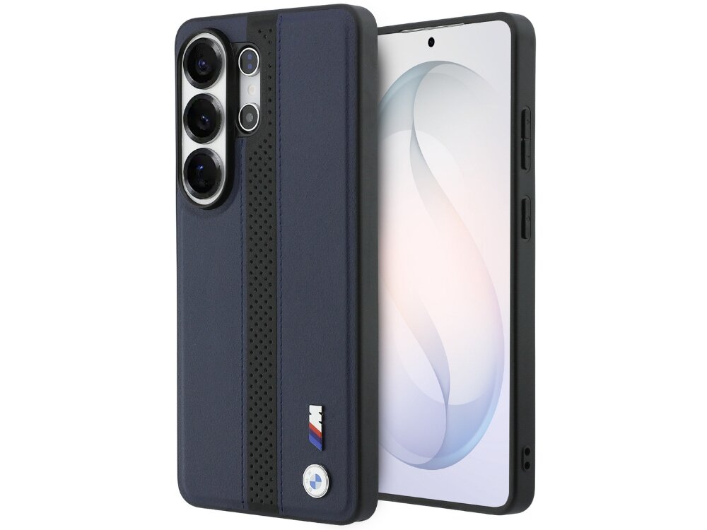 Etui BMW M Perforated Stripe Logo MagSafe do Samsung Galaxy S26 Ultra Granatowy, Elegancka, ochrona, styl, odporność, na białym tle etui z 2 stron pionowo frontem lewo skos