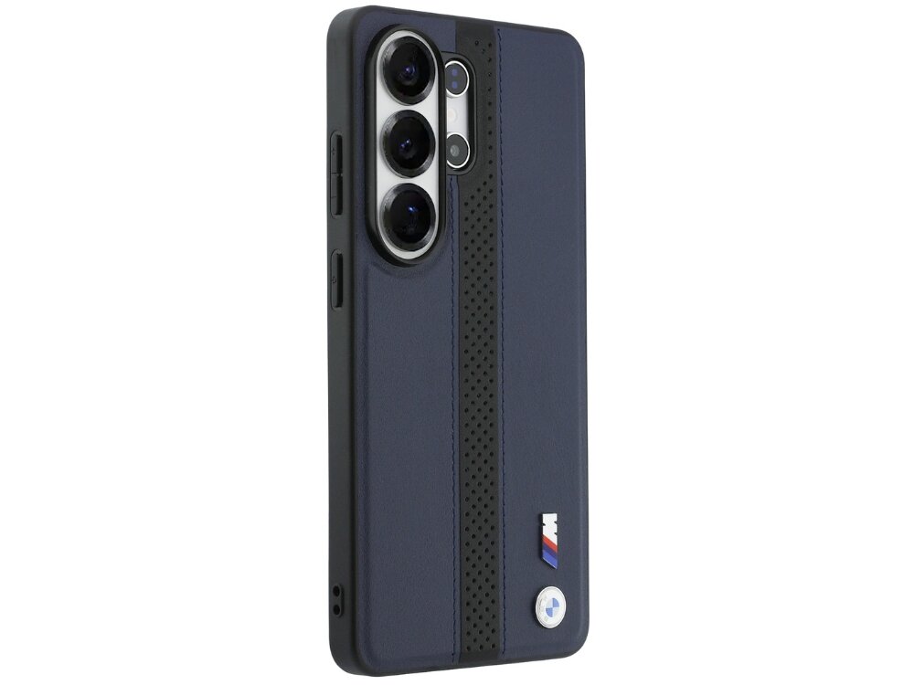 Etui BMW M Perforated Stripe Logo MagSafe do Samsung Galaxy S26 Ultra Granatowy, jakość, Perforowany, pasek, trwałość, na białym tle etui frontem lewo skos