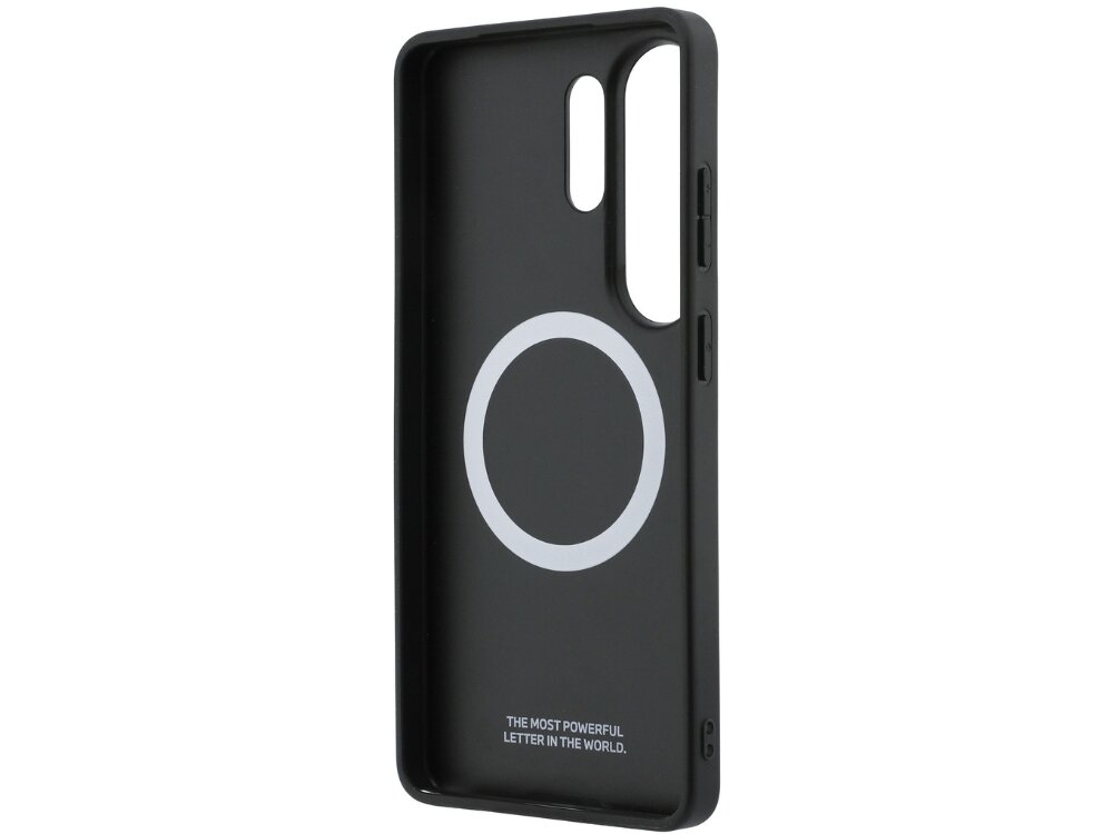 Etui BMW M Perforated Stripe Logo MagSafe do Samsung Galaxy S26 Ultra Granatowy, demontaż, szybko, podniesione, poliwęglan, na białym tle etui od wewnętrznej strony prawo skos