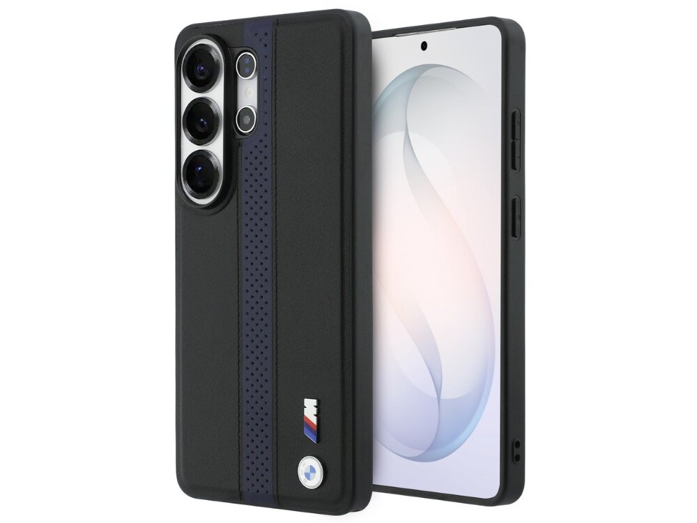 Etui BMW M Perforated Stripe Logo MagSafe do Samsung Galaxy S26 Ultra Niebieski, Elegancka, ochrona, styl, odporność, na białym tle etui z 2 stron pionowo frontem lewo skos