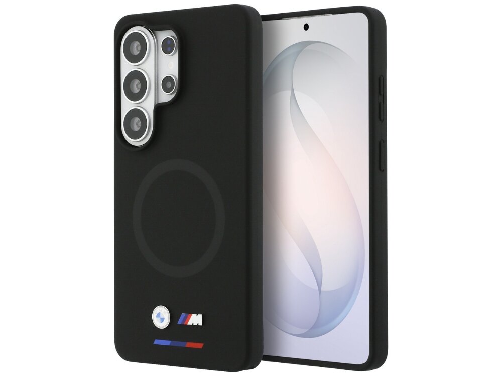 Etui BMW M Silicon Logo do Samsung Galaxy S26 - eleganckie, gładkie, sportowe Czarny silikonowy case BMW M Collection z pierścieniem MagSafe założony na smartfon Samsung Galaxy S24 Ultra.