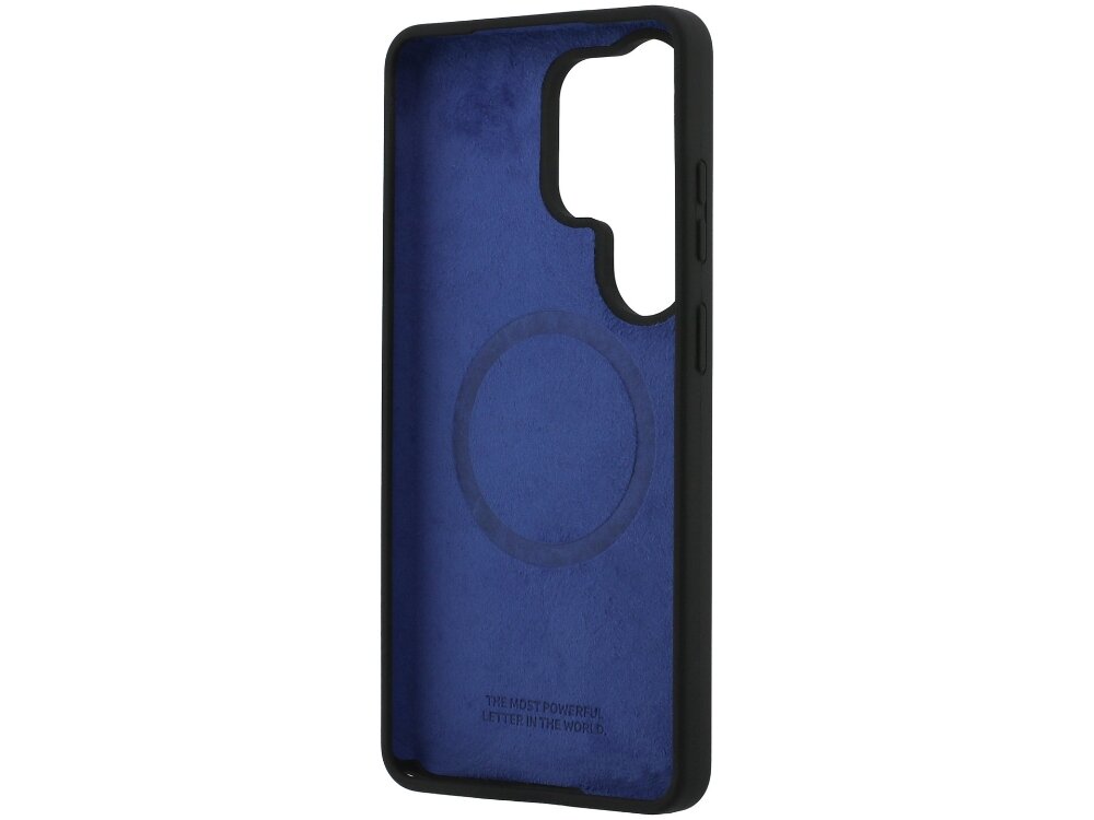 Etui BMW M Silicon Logo Samsung Galaxy S26 - smukłe, wytrzymałe, MagSafe Wnętrze etui BMW wyłożone niebieską mikrofibrą z napisem „The most powerful letter in the world” i widocznym pierścieniem MagSafe.