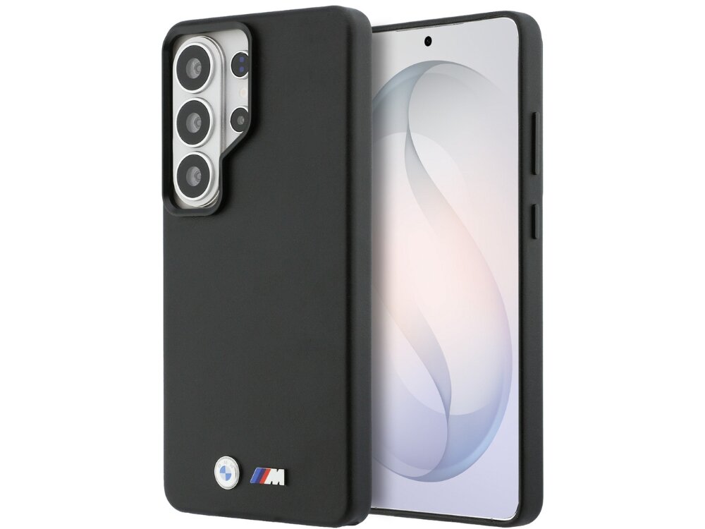 Etui BMW M Metal Logo do Samsung Galaxy S26 - ekskluzywne, eleganckie, sportowe Smukłe czarne etui BMW M Series do Samsung Galaxy S24 Ultra z widocznymi emblematami marki i osłoną wyspy aparatów.