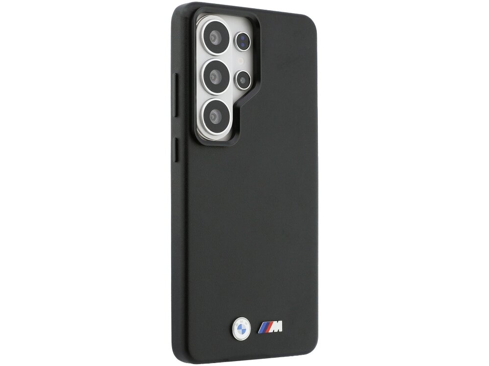 Etui BMW M Metal Logo Samsung Galaxy S26 - skóra ekologiczna, minimalistyczny design, metalowe logo Plecki ochronne BMW do Samsung Galaxy S24 Ultra wykonane z czarnego materiału z metalowymi detalami logo BMW i serii M.