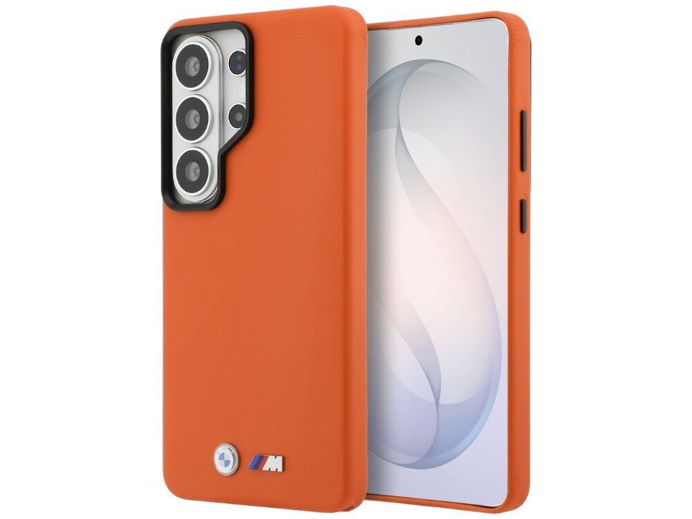 Etui BMW M Metal Logo do Samsung Galaxy S26 - ekskluzywne, eleganckie, sportowe Pomarańczowe etui BMW M Edition na telefon Samsung Galaxy S24 Ultra widoczne z przodu i z tyłu.