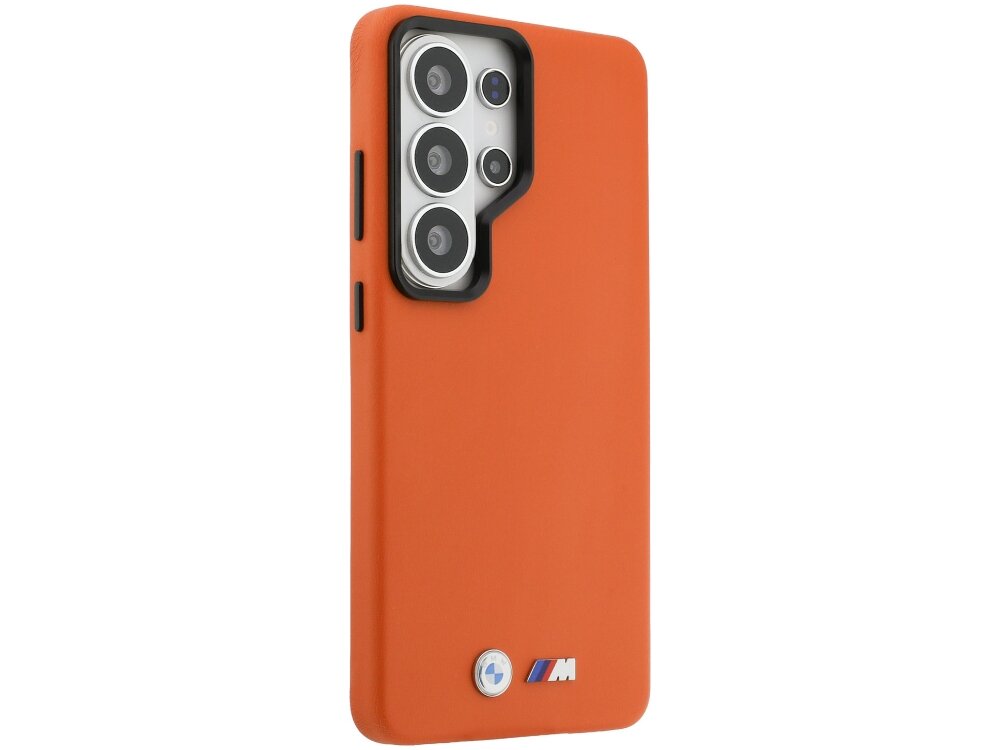 Etui BMW M Metal Logo Samsung Galaxy S26 - skóra ekologiczna, minimalistyczny design, metalowe logo Tył pomarańczowego etui BMW M Edition do Samsung Galaxy S24 Ultra z logo BMW i symbolem M.