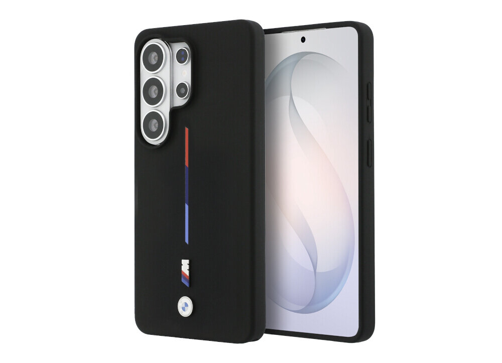 Etui BMW M Silicone Tricolor Line MagSafe do Samsung Galaxy S26 Ultra etui, BMW M, silikonowe, MagSafe, na białym tle etui od frontu pionowo i od tyłu