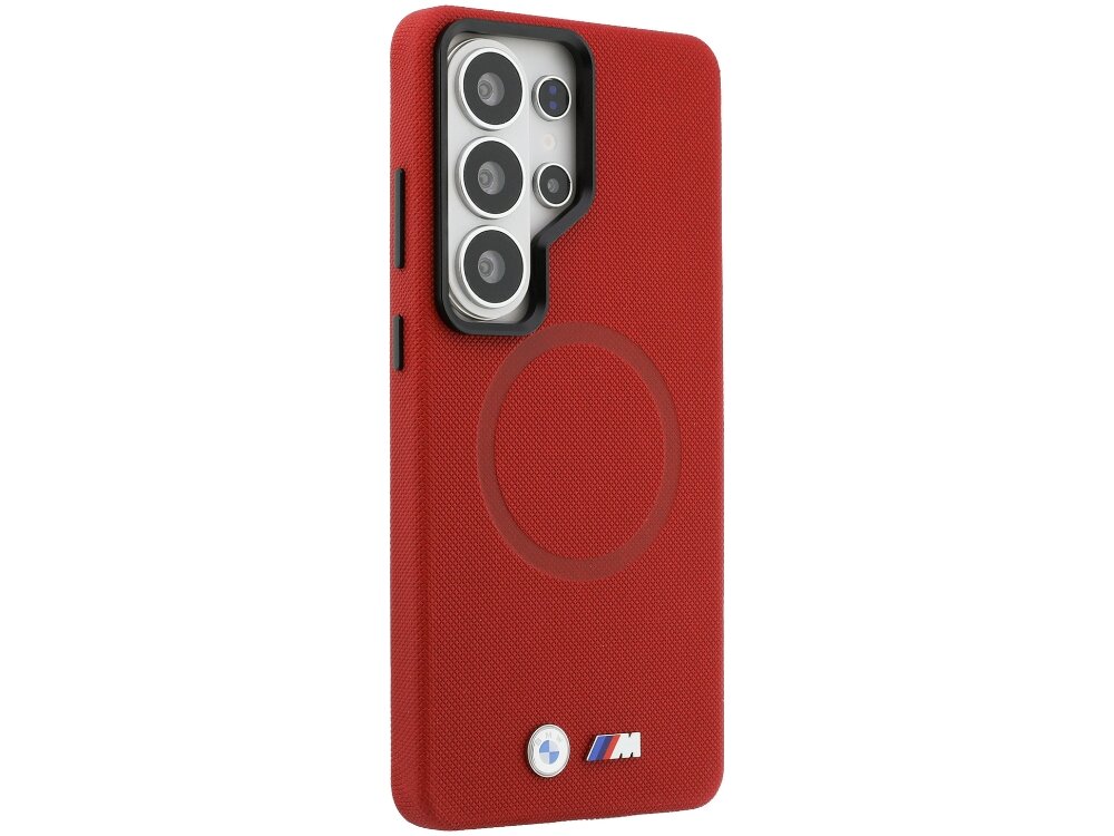 Etui BMW M Metal Logo Samsung Galaxy S26 - skóra ekologiczna, minimalistyczny design, metalowe logo Tył czerwonego etui BMW M Edition do Samsung Galaxy S24 Ultra z logo BMW i symbolem M.