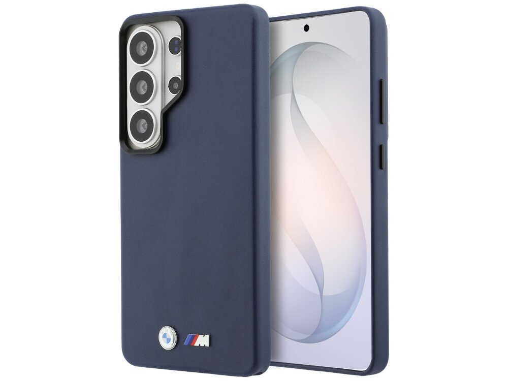 Etui BMW M Metal Logo do Samsung Galaxy S26 - ekskluzywne, eleganckie, sportowe Granatowe etui BMW M Edition na telefon Samsung Galaxy S24 Ultra widoczne z przodu i z tyłu.