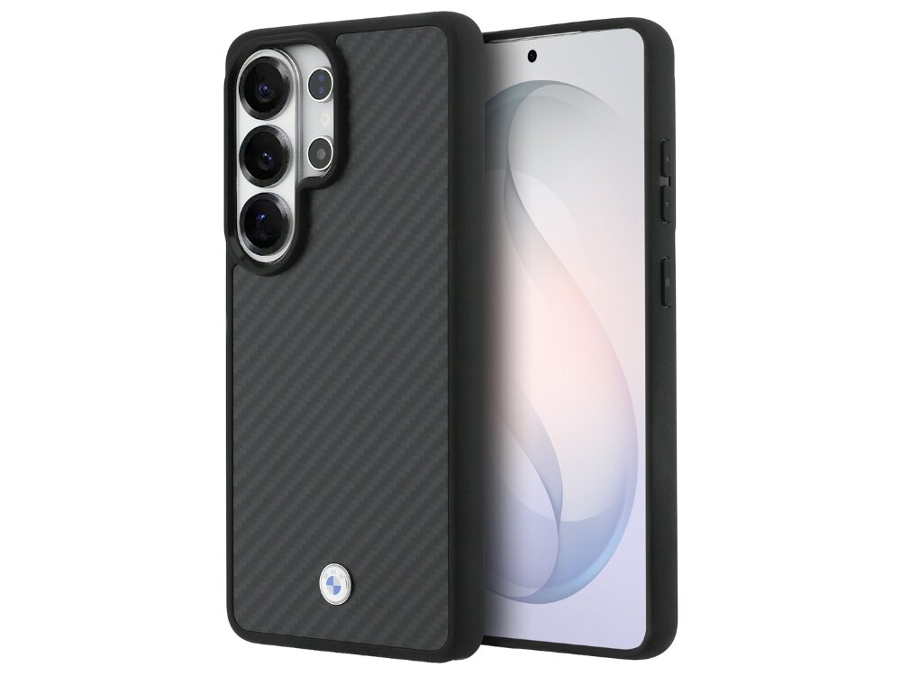 Etui BMW Sign Magnetic Carbon Fiber MagSafe do Samsung Galaxy S26 Ultra Czarny, Wytrzymała, ochrona, styl, odporny, na białym tle etui z 2 stron pionowo frontem lewo skos