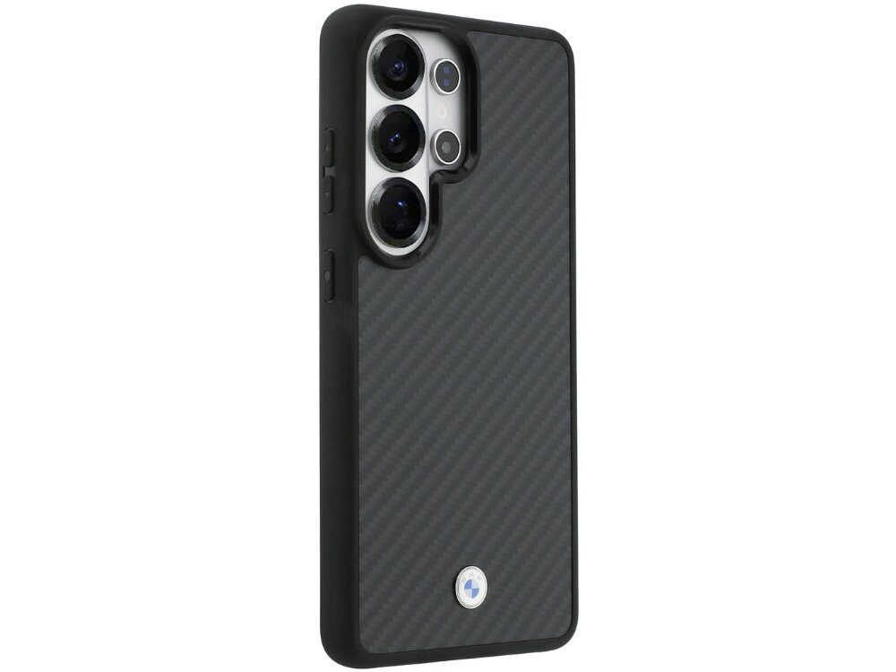 Etui BMW Sign Magnetic Carbon Fiber MagSafe do Samsung Galaxy S26 Ultra Czarny, Karbonowy, odporność, elegancki, twałość, na białym tle etui frontem lewo skos